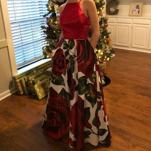 Long halter red prom dress with flowers